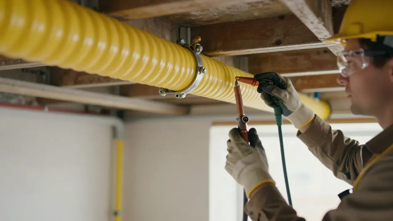 Gas Line Repair in Missouri City: finished, neatly installed yellow corrugated stainless steel tubing (CSST) gas line run