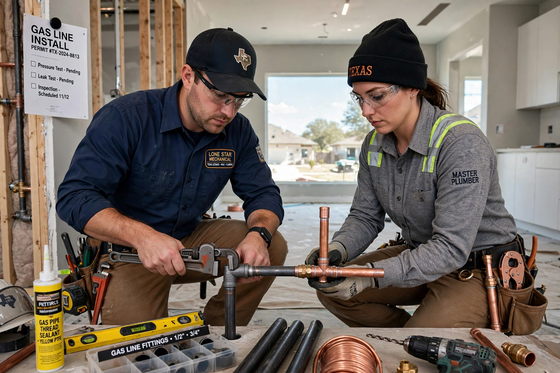 Gas Line Installation in Missouri City: gas technician routing a new run of yellow flexible corrugated stainless steel tubing through wall framing