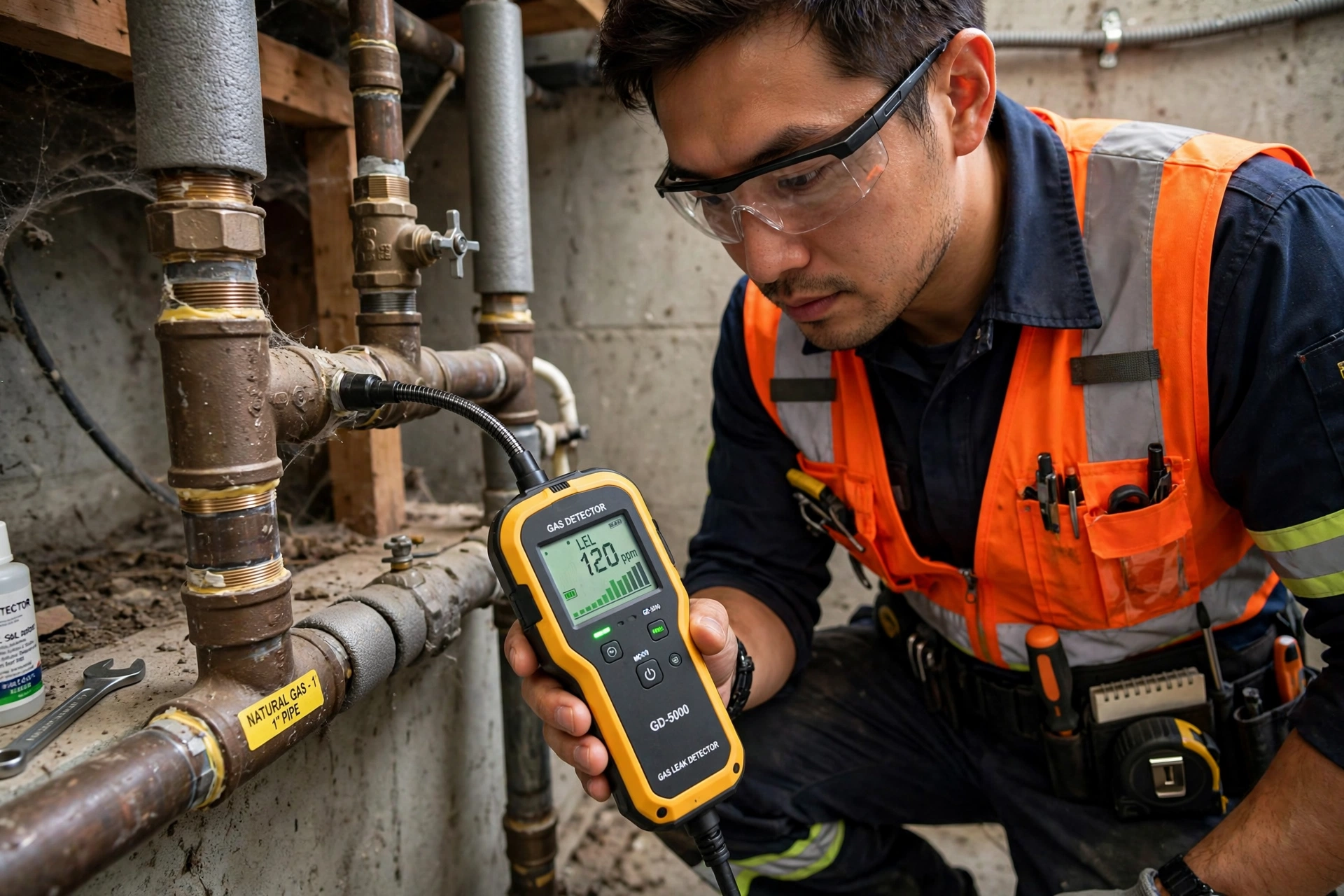 Gas Leak Detection in Missouri City: gas technician moving an electronic gas leak detector probe along a gas line joint to pinpoint a suspected leak