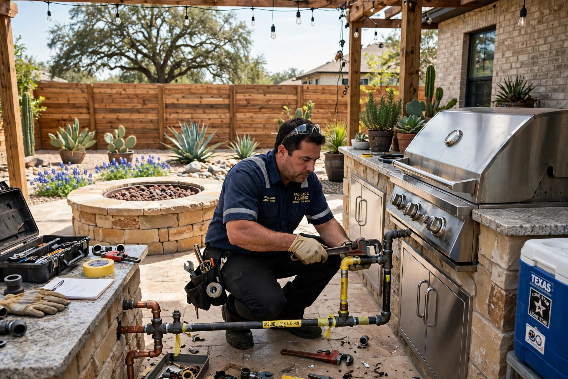 Gas Appliance Hookup in Missouri City: gas technician connecting a new flexible stainless steel gas connector to the back of a gas range