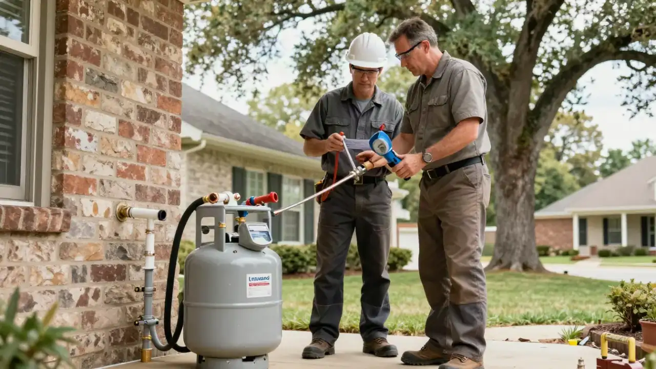 Gas Line Repair in Missouri City: gas technician discussing the scope of work with a homeowner on their front porch
