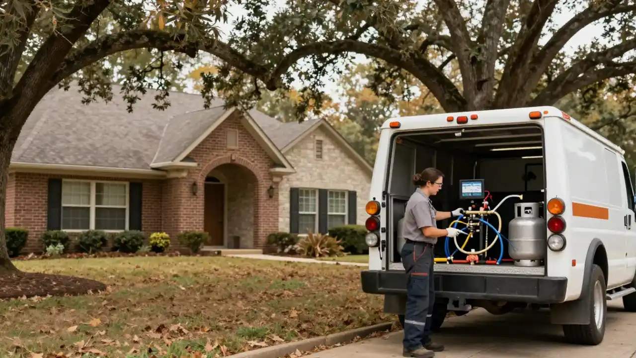 Gas Line Repair in Missouri City: wide shot of a gas service vehicle parked in front of a brick home with mature oak trees